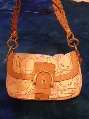 Coach Pink and Tan Buckle Shoulder Bag
